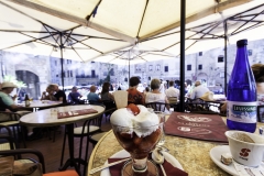 Eis mit Früchten, Wasser  und ein leichter Nebel der Kühlung bringt